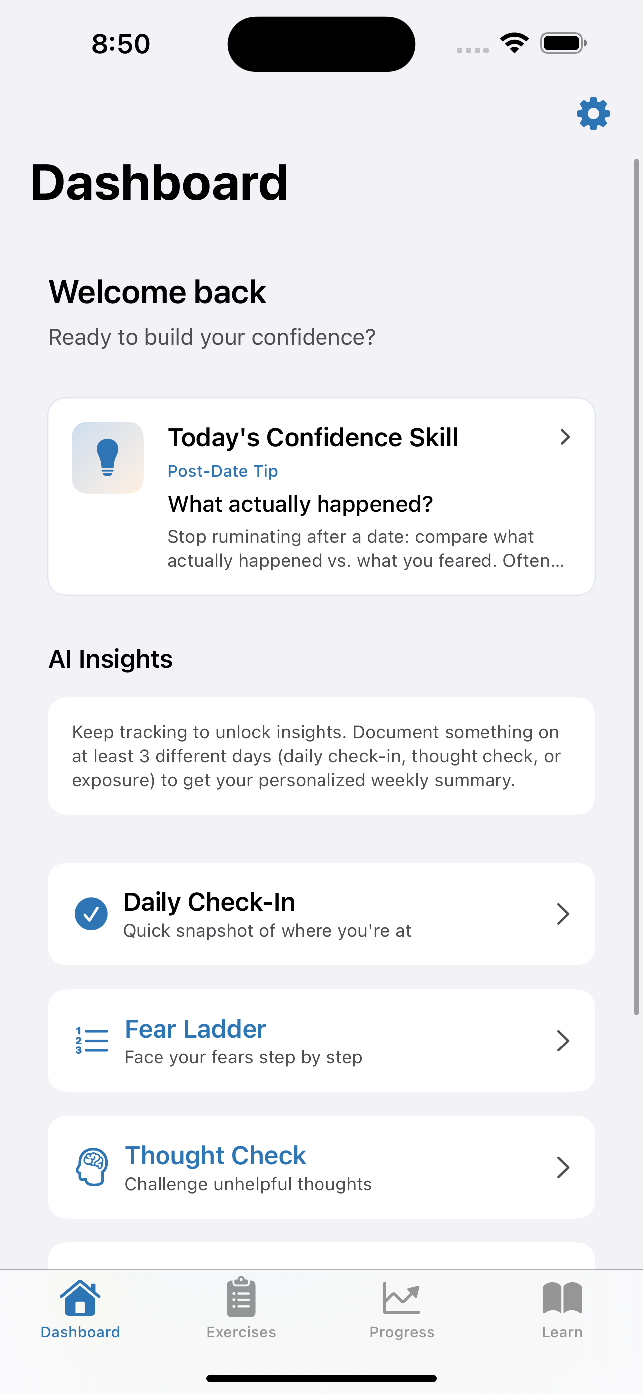ConfidenceConnect app dashboard showing Today's Confidence Skill, AI Insights, Daily Check-In, Fear Ladder, and Thought Check
